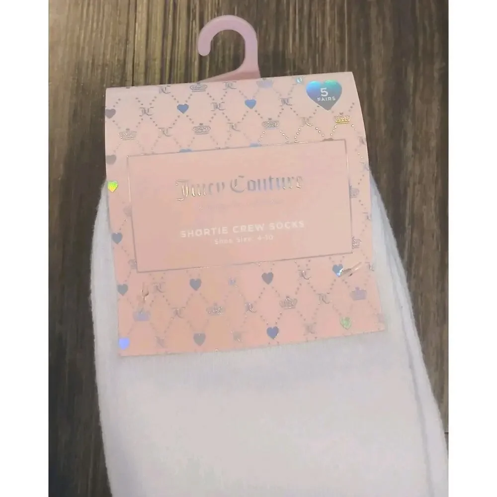 5-Pair Juicy Couture Women's White Shortie Crew Socks - Sizes 4-10 NWT